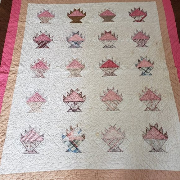 Antique 1860 -1880 Cake Stand Basket Quilt Hand Stitched Hand Piece Cotton 76x61 - Picture 3 of 12